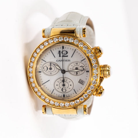 Cartier Pasha Chronograph 18k Yellow Gold 37mm Diamond Watch WJ130009