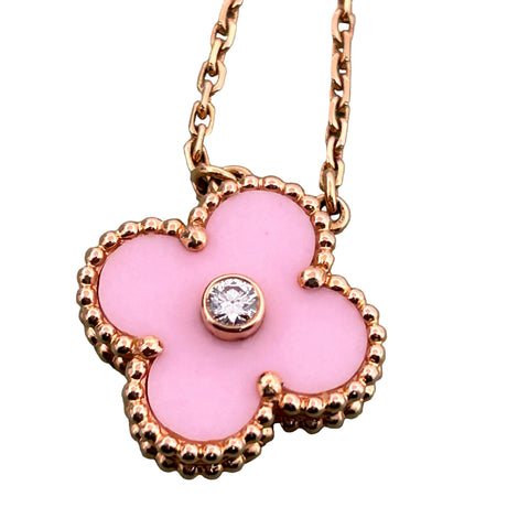 Van Cleef & Arpels Limited Edition Vintage Alhambra Pink Sèvres Porcelain Holiday Pendant Necklace