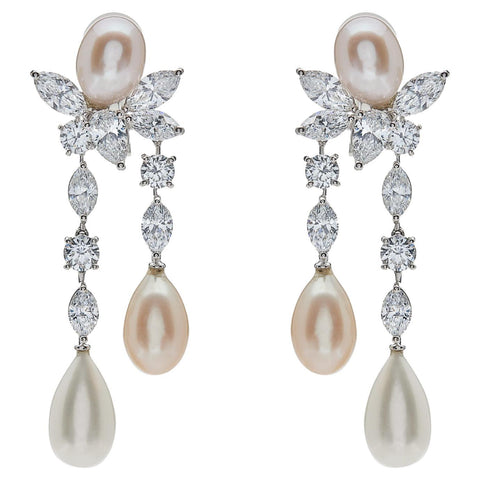 Graff Diamond and Pearl Drop Earrings in Platinum and White Gold