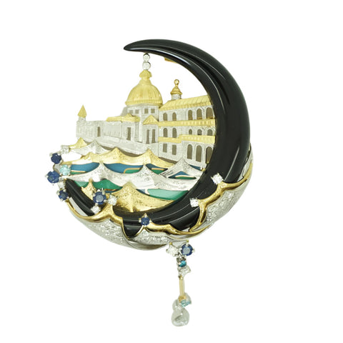 Ishikawa Nobuko Palace Diamond, Sapphire and Onyx Platinum and K18 Yellow Gold Brooch