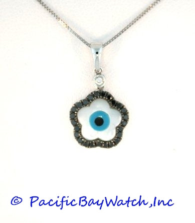 Evil Eye Flower Pendant Mother of Pearl with Black Diamonds