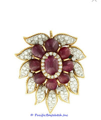 Van Cleef and Arpels 18K Yellow Gold 9 Stone Cab Ruby with Diamonds Brooch